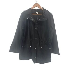J. Crew Black Hooded Anorak Parka Jacket Full Zip Drawstring Waist XL